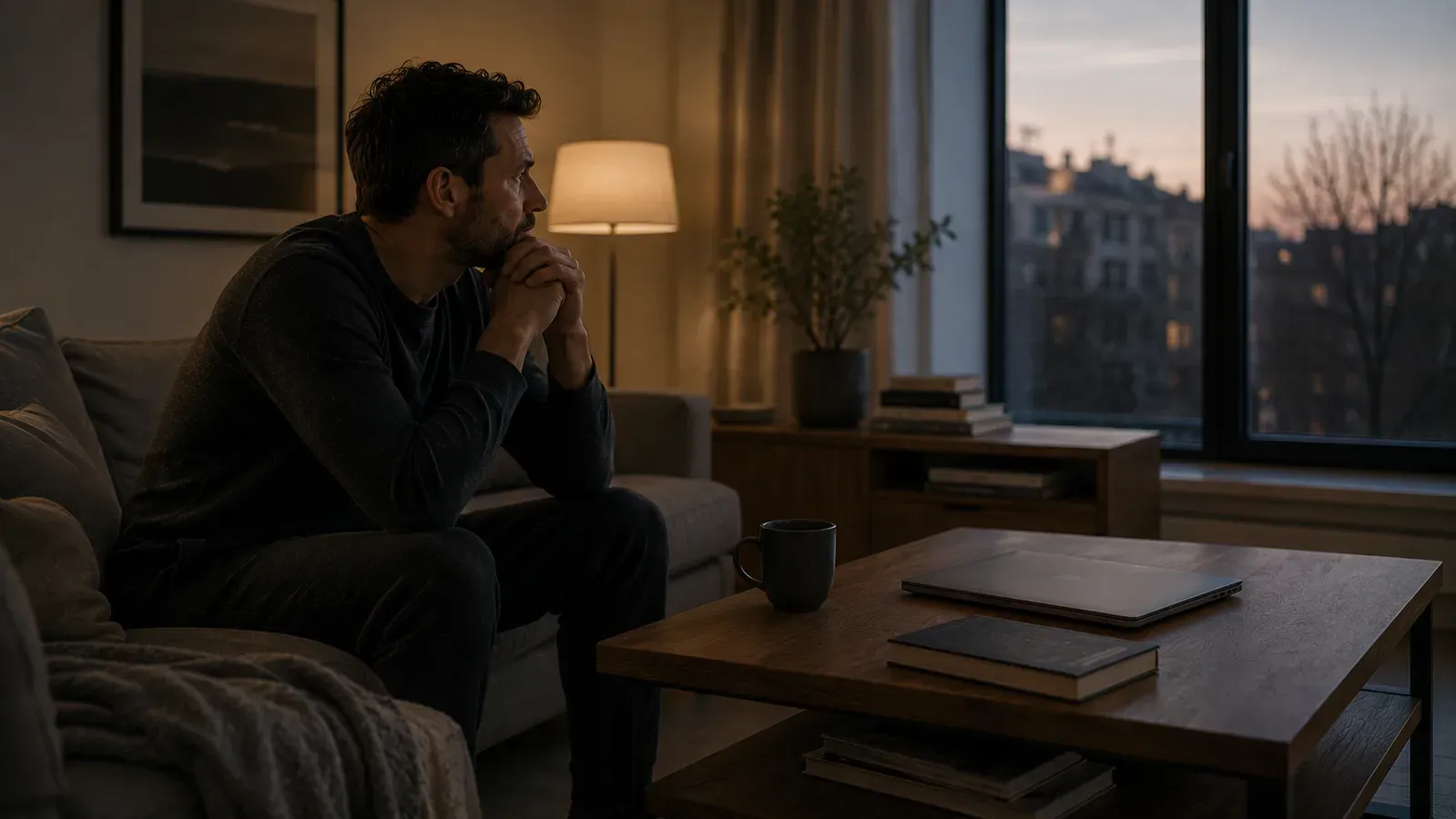A man sitting on a sofa at dusk, elbows on his knees, looking out of the window.