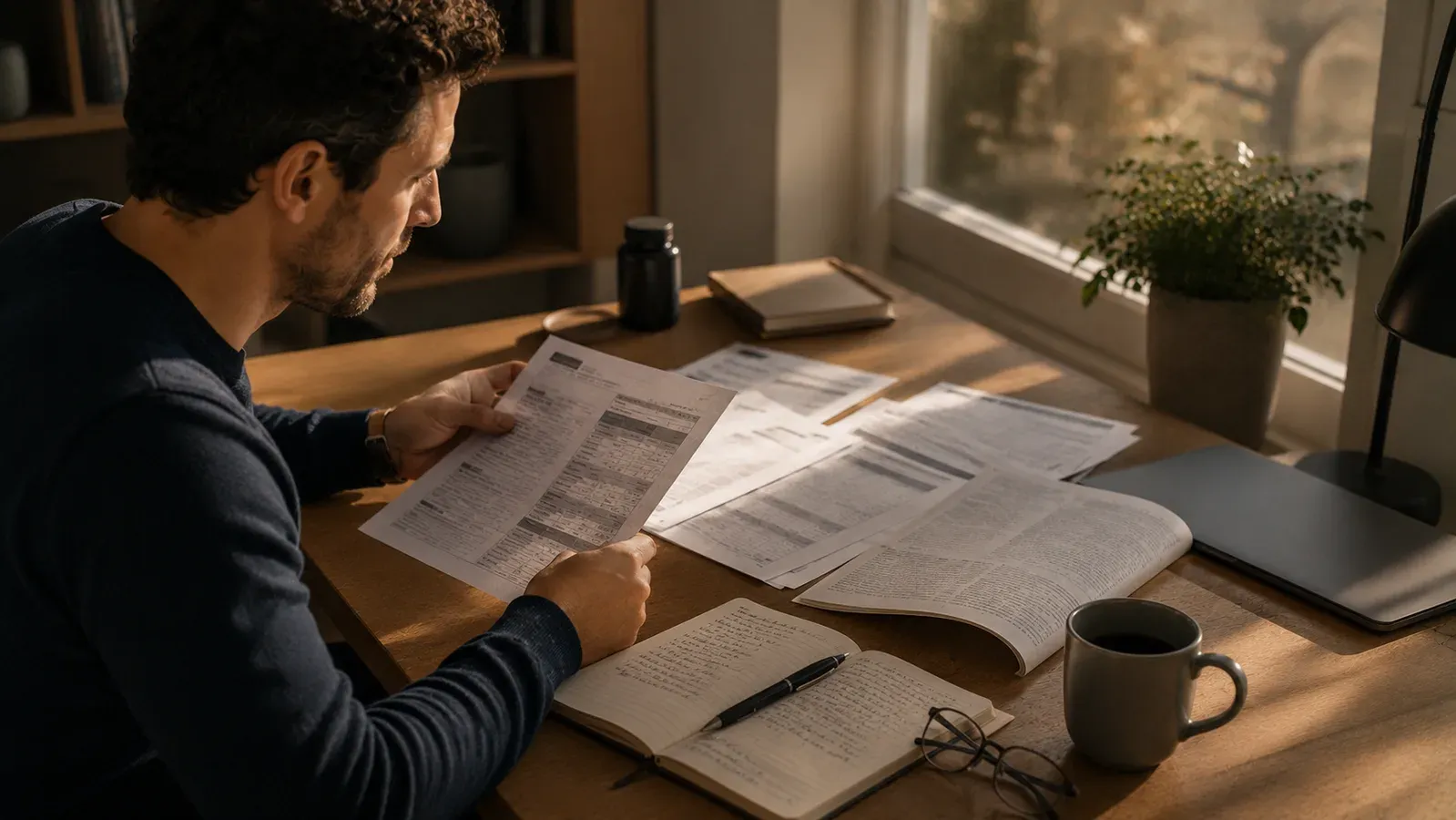 A man reading printed studies and handwritten notes at a desk by a window, a supplement jar behind the papers.