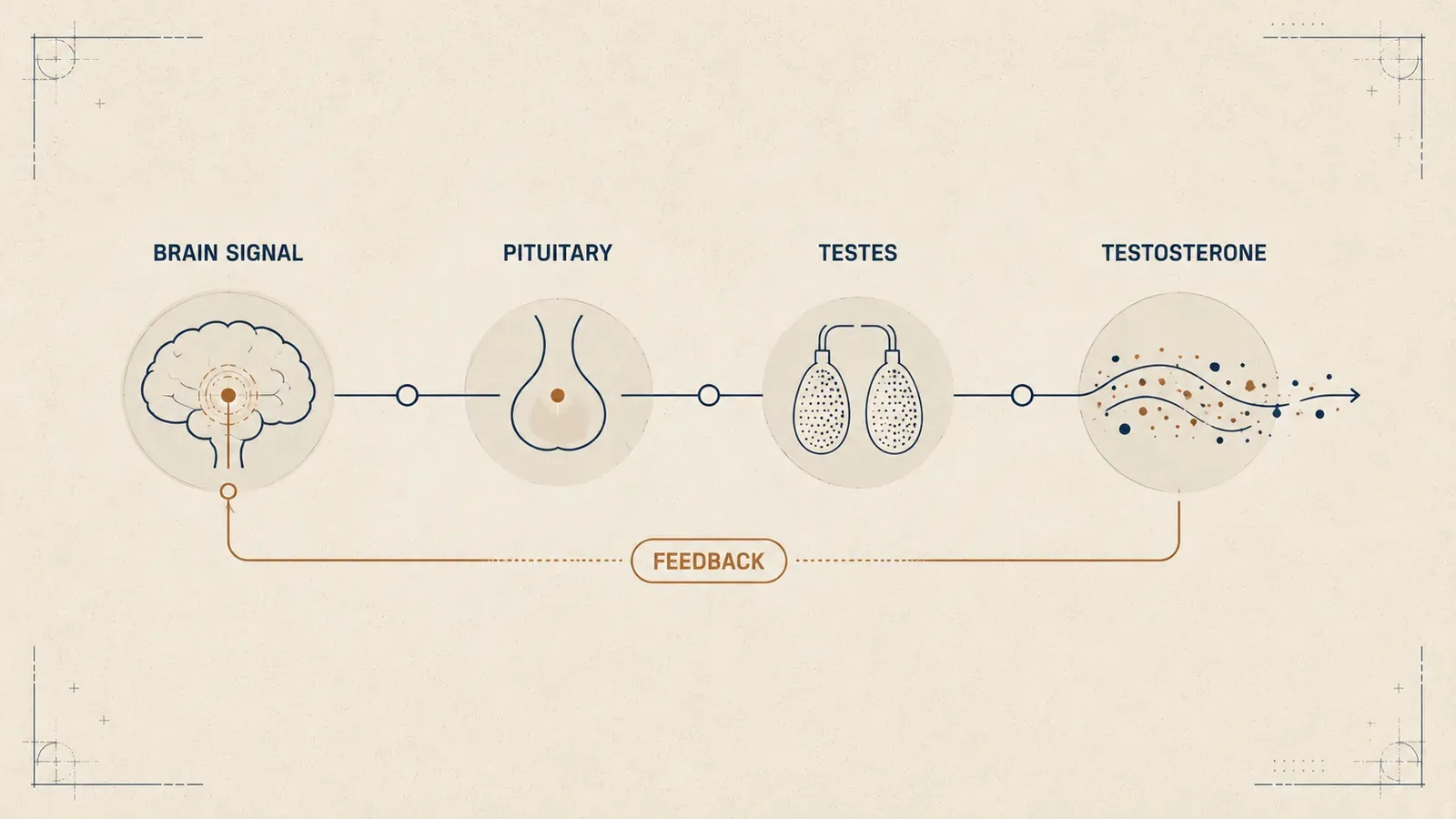 Diagram of the hormone loop: a signal from the brain reaches the pituitary, the pituitary signals the testes, the testes produce testosterone, and rising testosterone feeds back to damp the original signal.