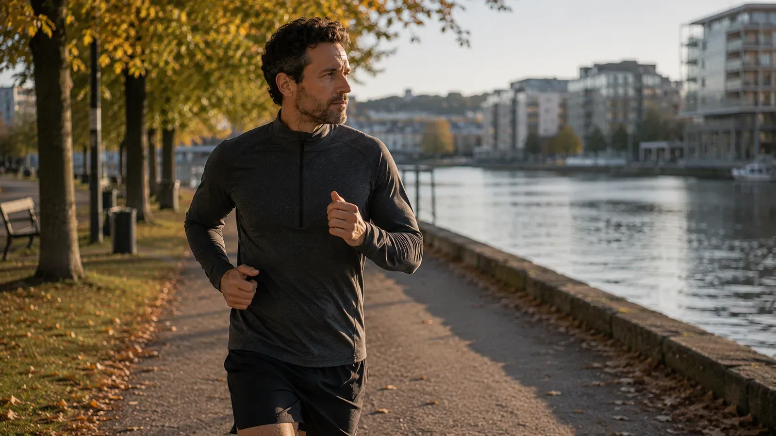 A man running along a canal path on an autumn morning.
