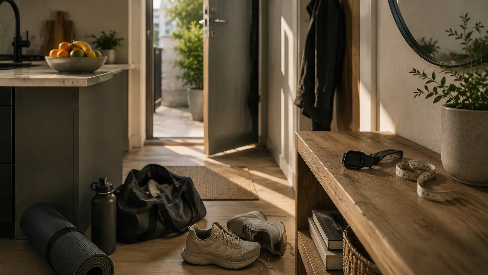 A hallway at home in daylight with running shoes, a rolled exercise mat, a water bottle, a kit bag and a jacket by the door.