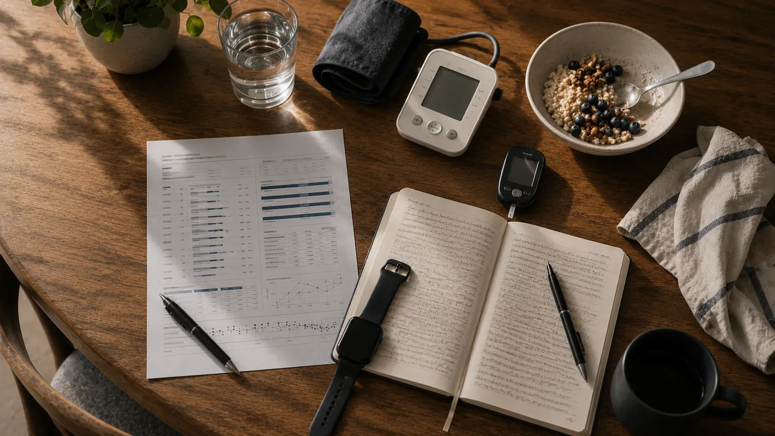 A table seen from above with a blood pressure monitor, a glucose meter, a lab printout, a handwritten journal, a watch and a bowl of breakfast.