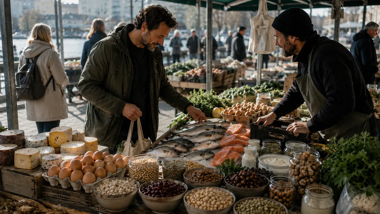A man buying fish, eggs, cheese and olives at a covered market stall.