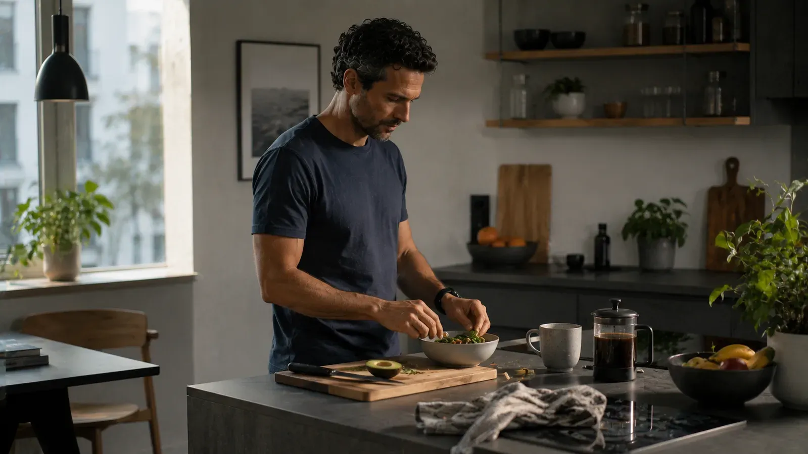 A man preparing food at a kitchen counter with coffee and fresh produce beside him.