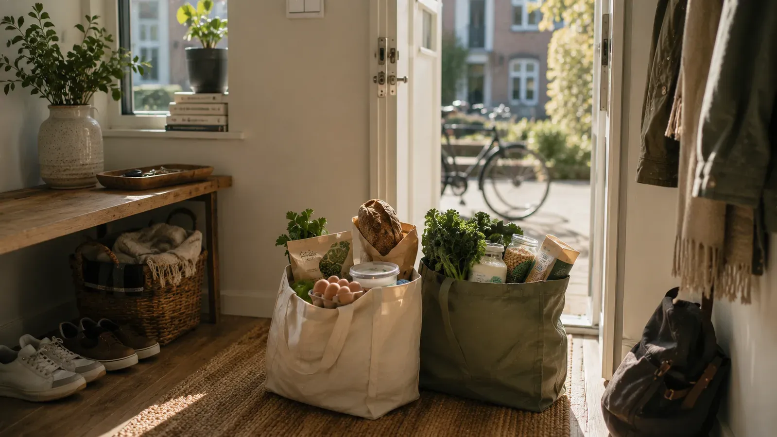 Shopping bags of vegetables, bread and eggs standing in a hallway by an open door, with trainers on the floor.