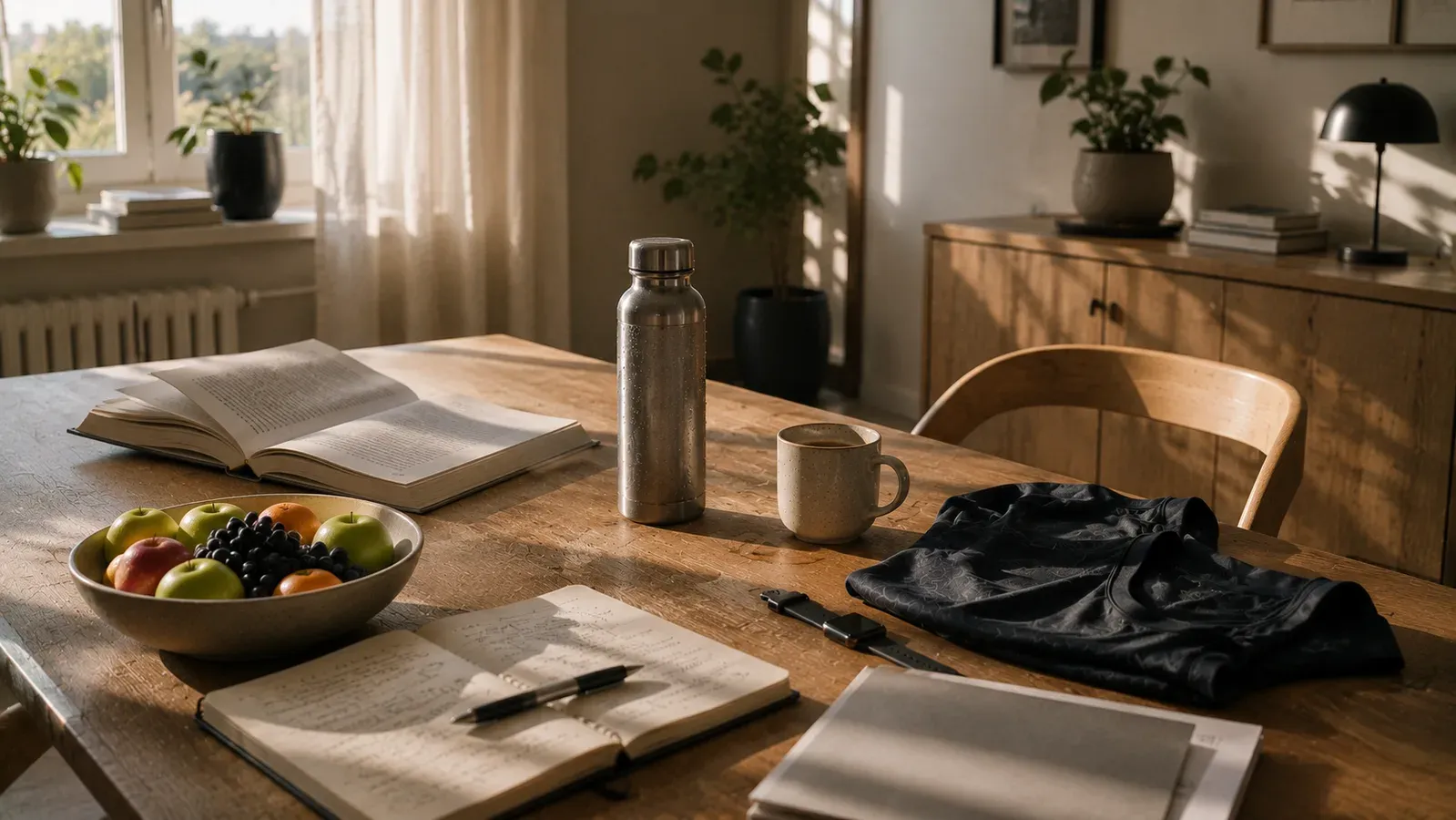 A table in morning light with a bowl of fruit, a water bottle, an open book, a notebook and a jacket over the chair.