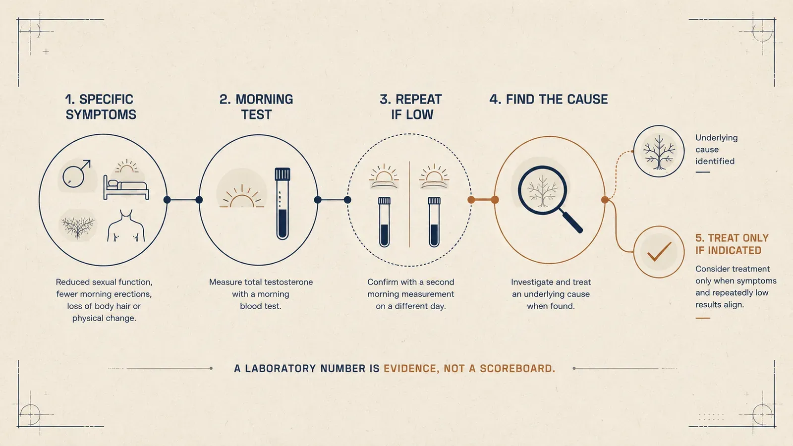 Five-step diagram of the testing pathway: specific symptoms, a morning blood test for total testosterone, a repeat morning measurement on a different day if the first is low, investigation of an underlying cause, and treatment considered only when symptoms and repeatedly low results agree.