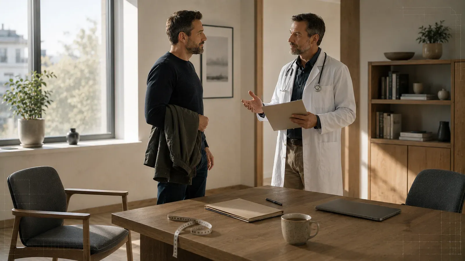 A man talking with a doctor in a consulting room, with notes and a tape measure on the table between them.