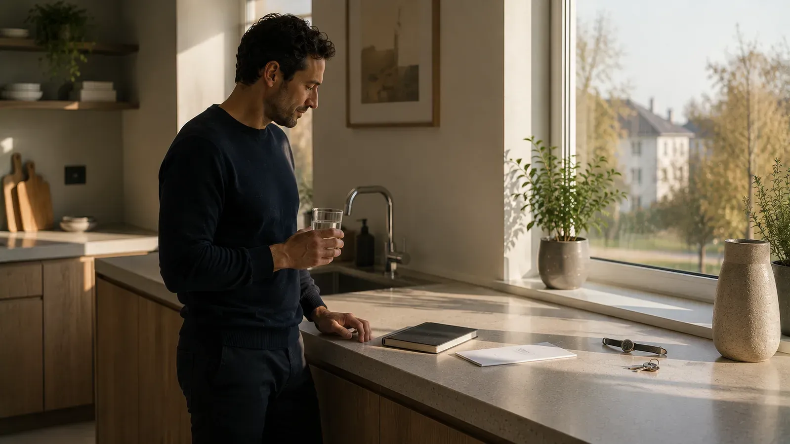 A man standing at a kitchen counter in morning light with a glass of water, a notebook and his keys beside him.