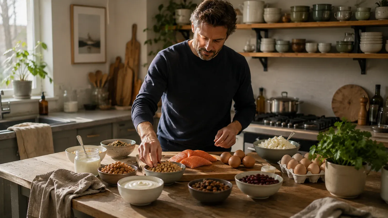 A man preparing food at a kitchen island, with salmon, eggs, chickpeas, beans and yogurt laid out on the counter.