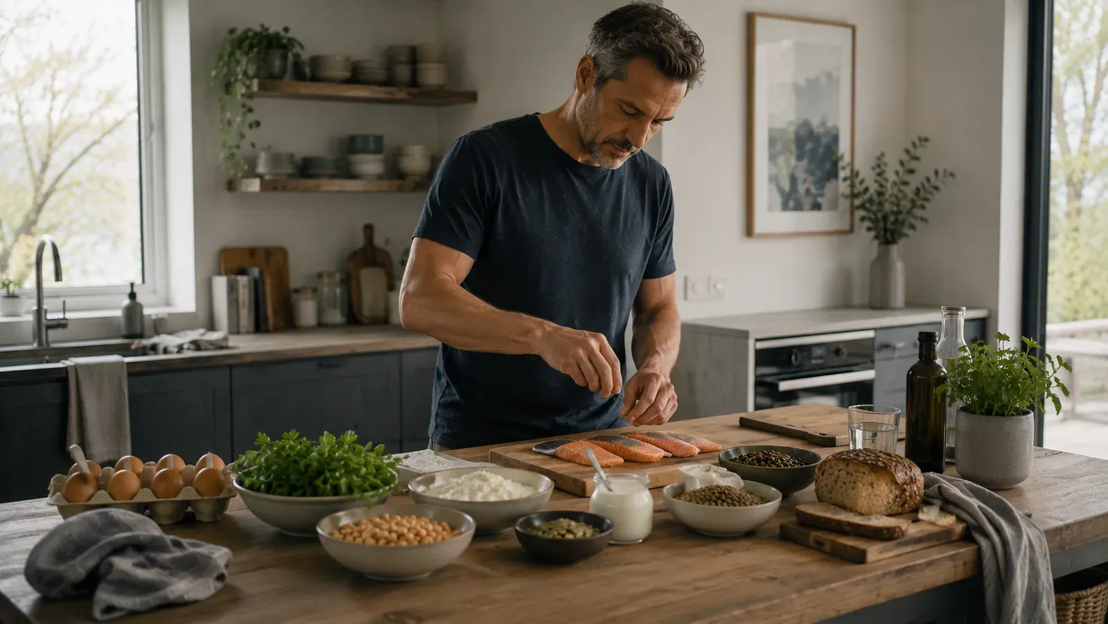 A man preparing salmon, eggs and greens on a wooden kitchen counter.