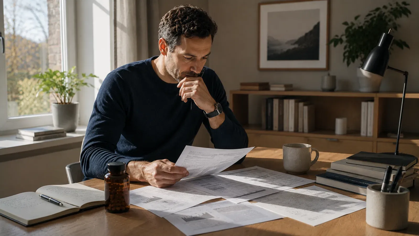 A man at a desk reading printed research papers, with a supplement bottle standing beside them.