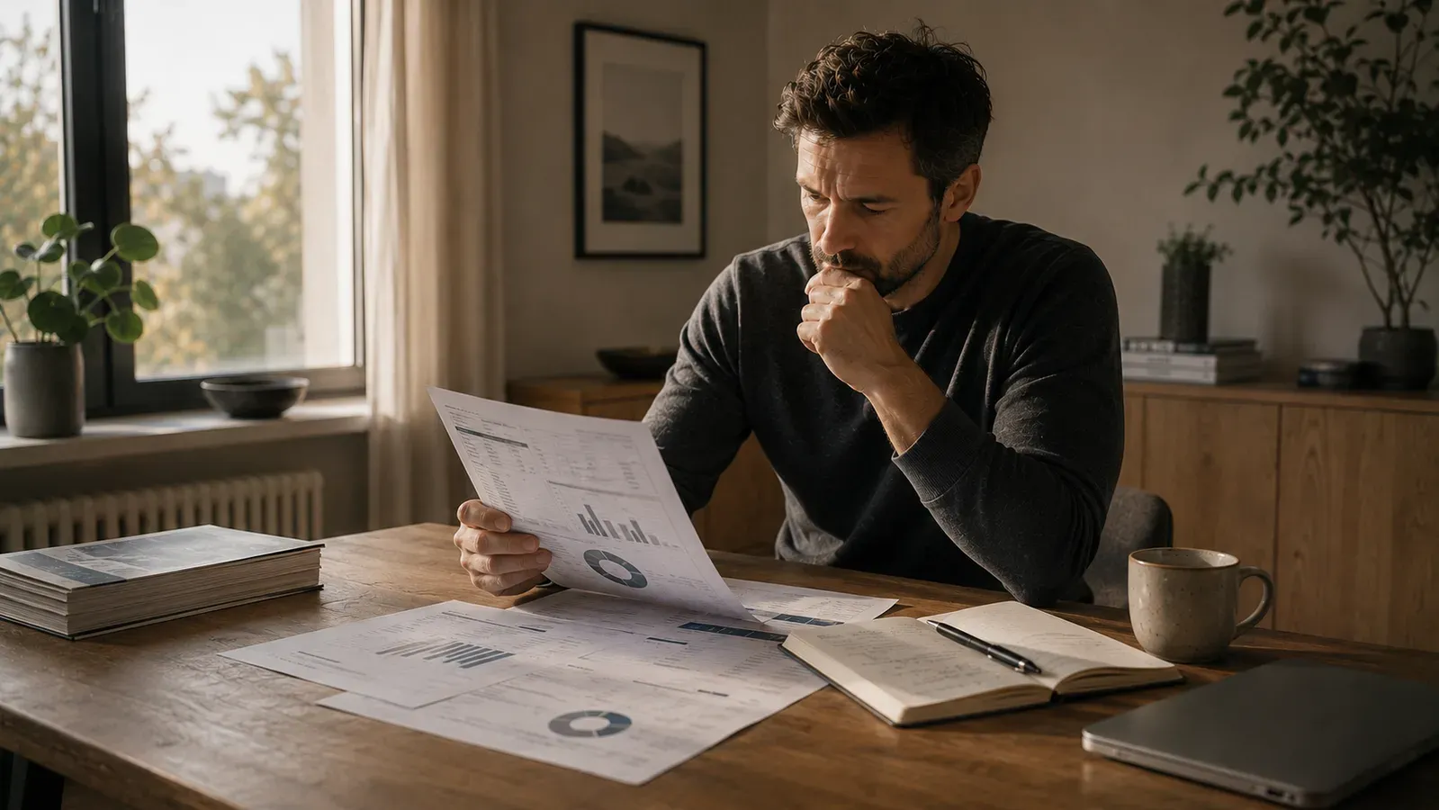 A man at a desk in daylight, studying printed laboratory results with a notebook and a mug beside him.