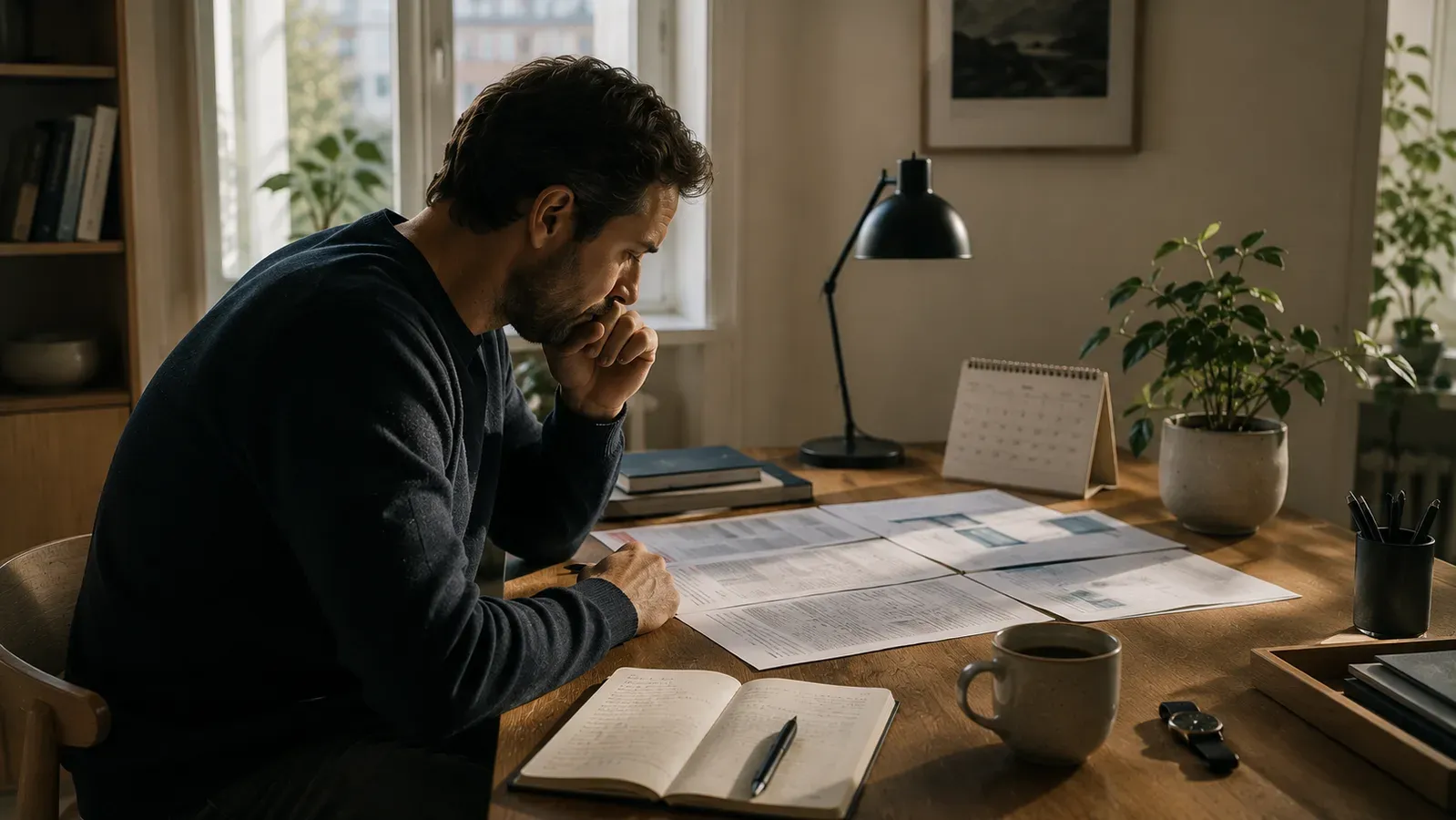 A man at a desk reading printed laboratory reports, with a calendar, a notebook and a mug beside him.