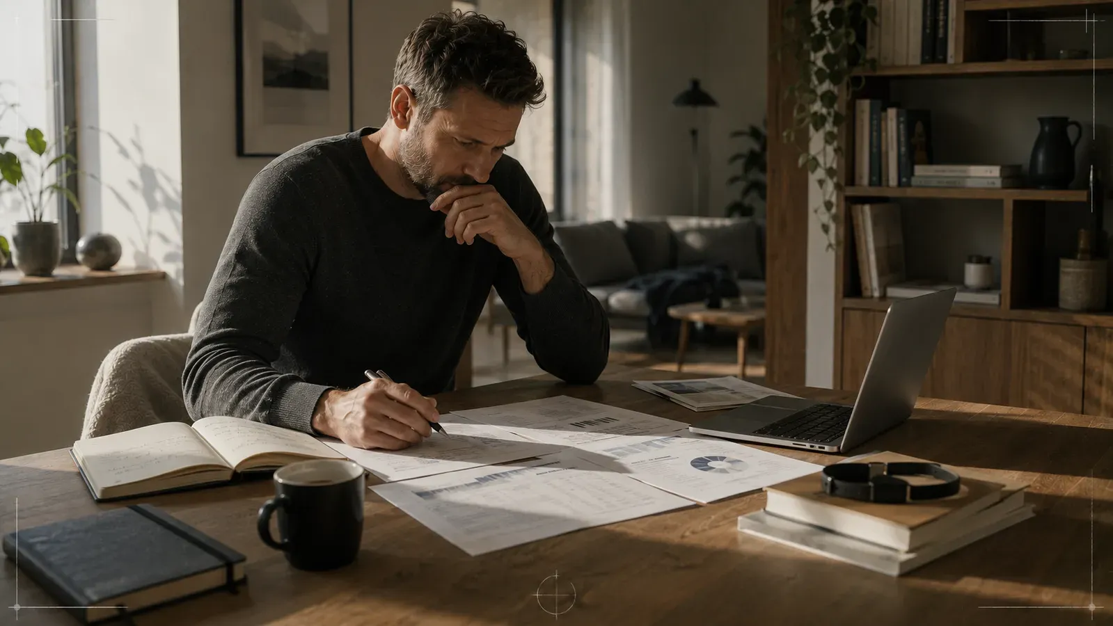 A man sitting at a wooden desk in morning light, reading printed laboratory results with a pen in his hand.
