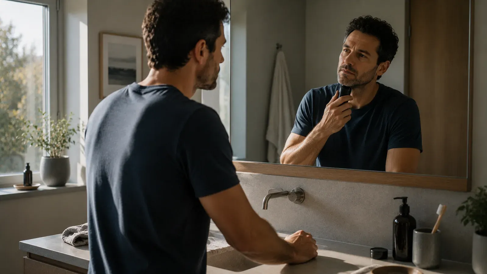 A man looking at himself in a bathroom mirror in morning light.