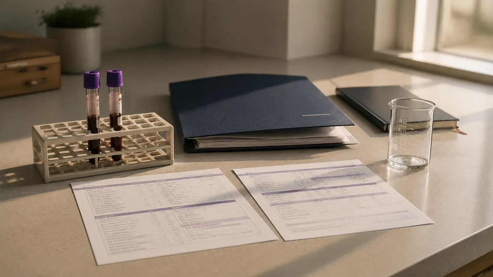 Two blood collection tubes in a rack beside two printed laboratory reports on a desk.
