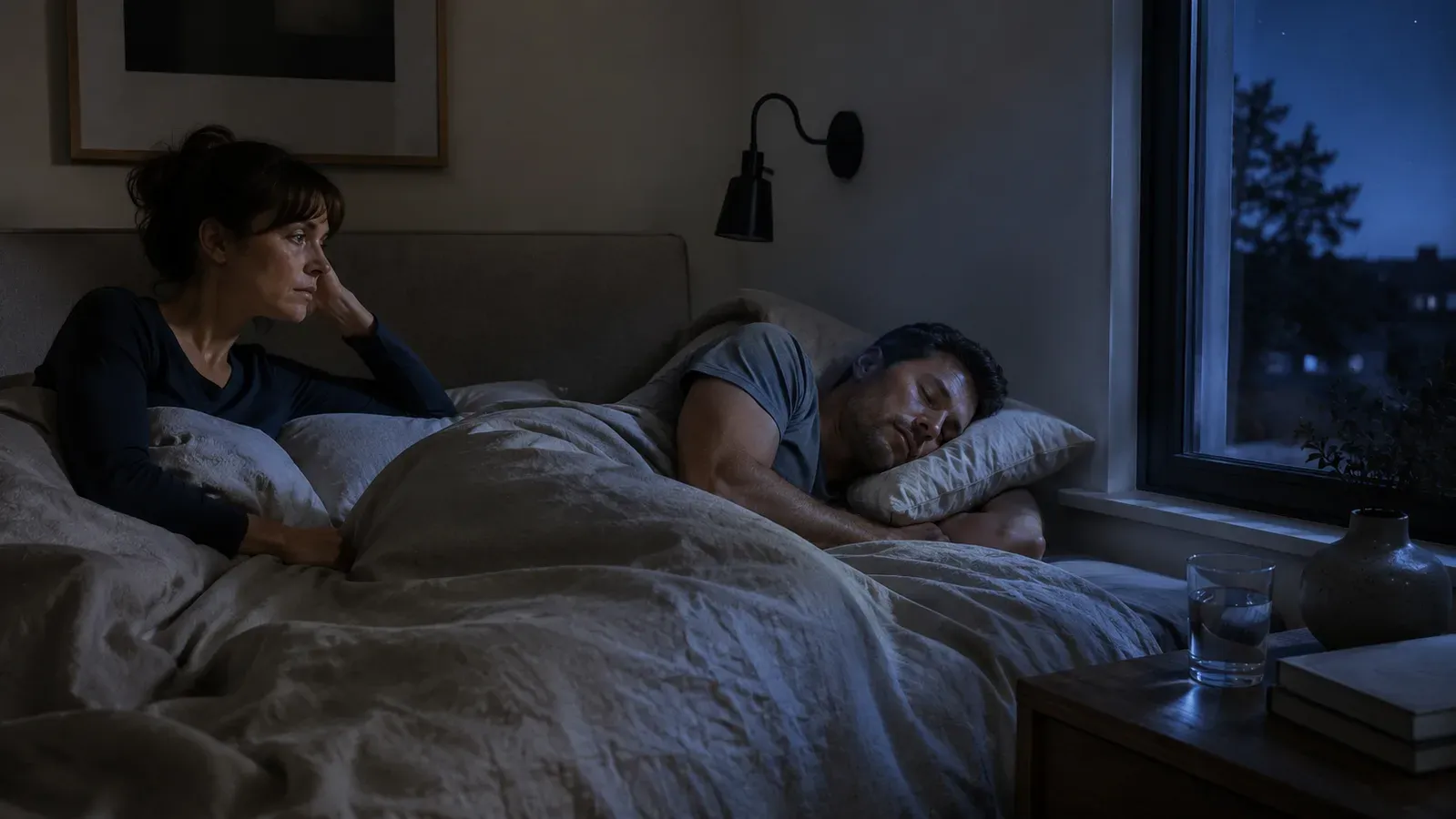 A dark bedroom at night: a man asleep on his side while his partner lies awake beside him, propped on one elbow.