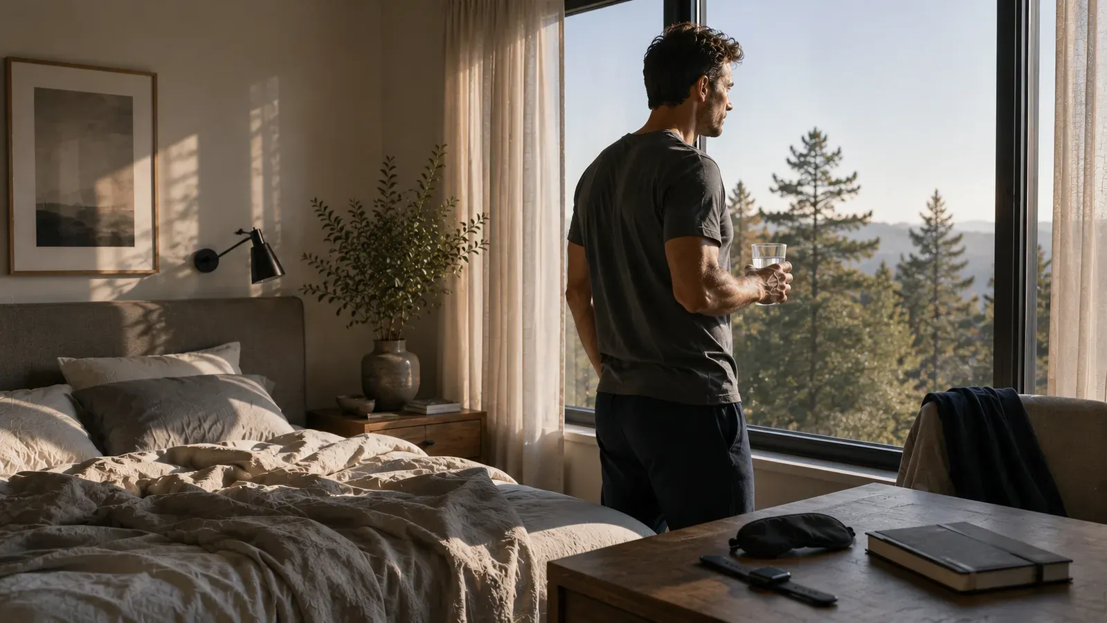 A man standing at a bedroom window in early morning light holding a glass of water, with a sleep mask and a notebook on the table beside him.