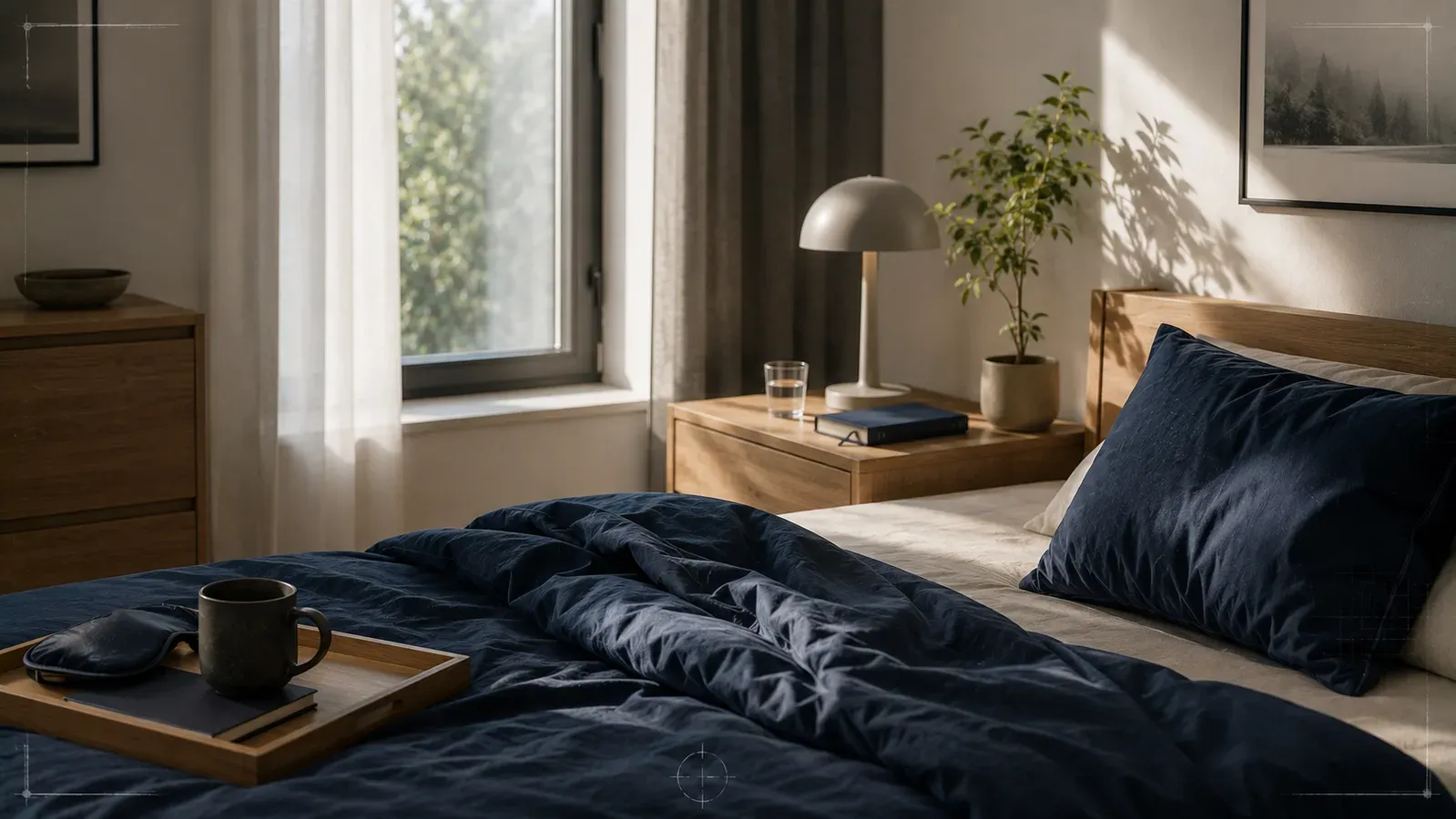 A bedroom in early morning light with dark blue bedding, a bedside lamp, a glass of water and a sleep mask resting on a wooden tray.