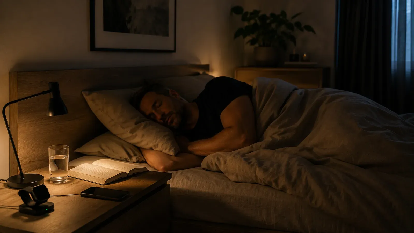 A man asleep in bed at night, with a lamp, an open book and a glass of water on the bedside table.
