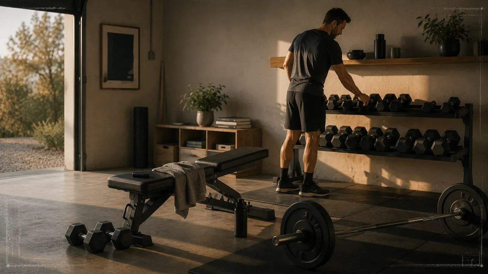 A home gym in early light where a man returns a dumbbell to the rack, with an adjustable bench, a towel and a loaded barbell on the floor.