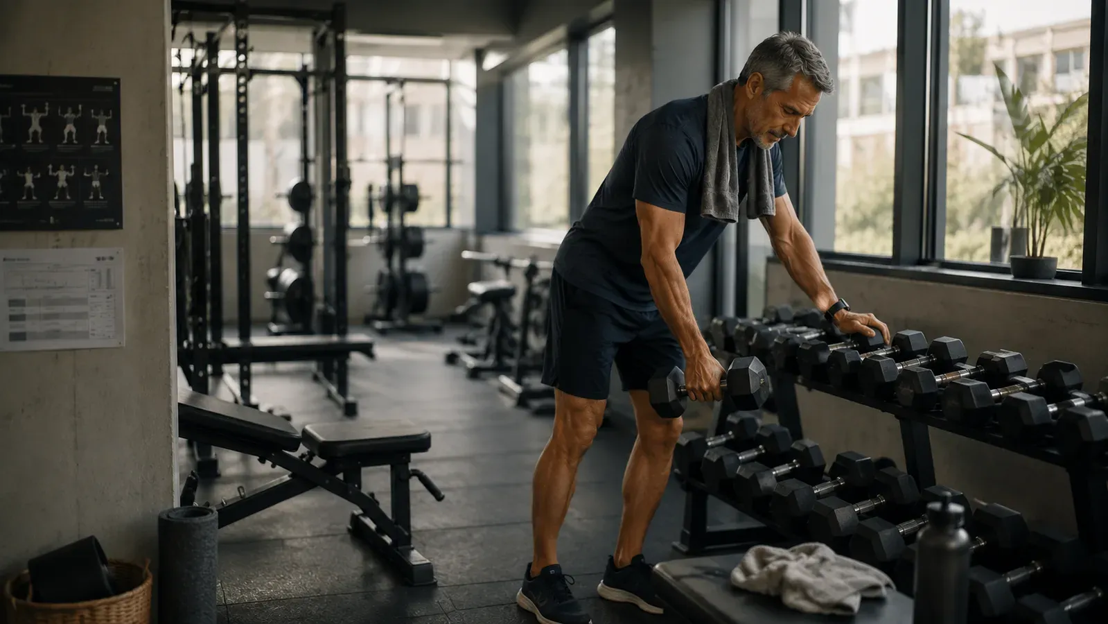 A man in his fifties lifting a dumbbell from the rack in a gym lit by daylight.