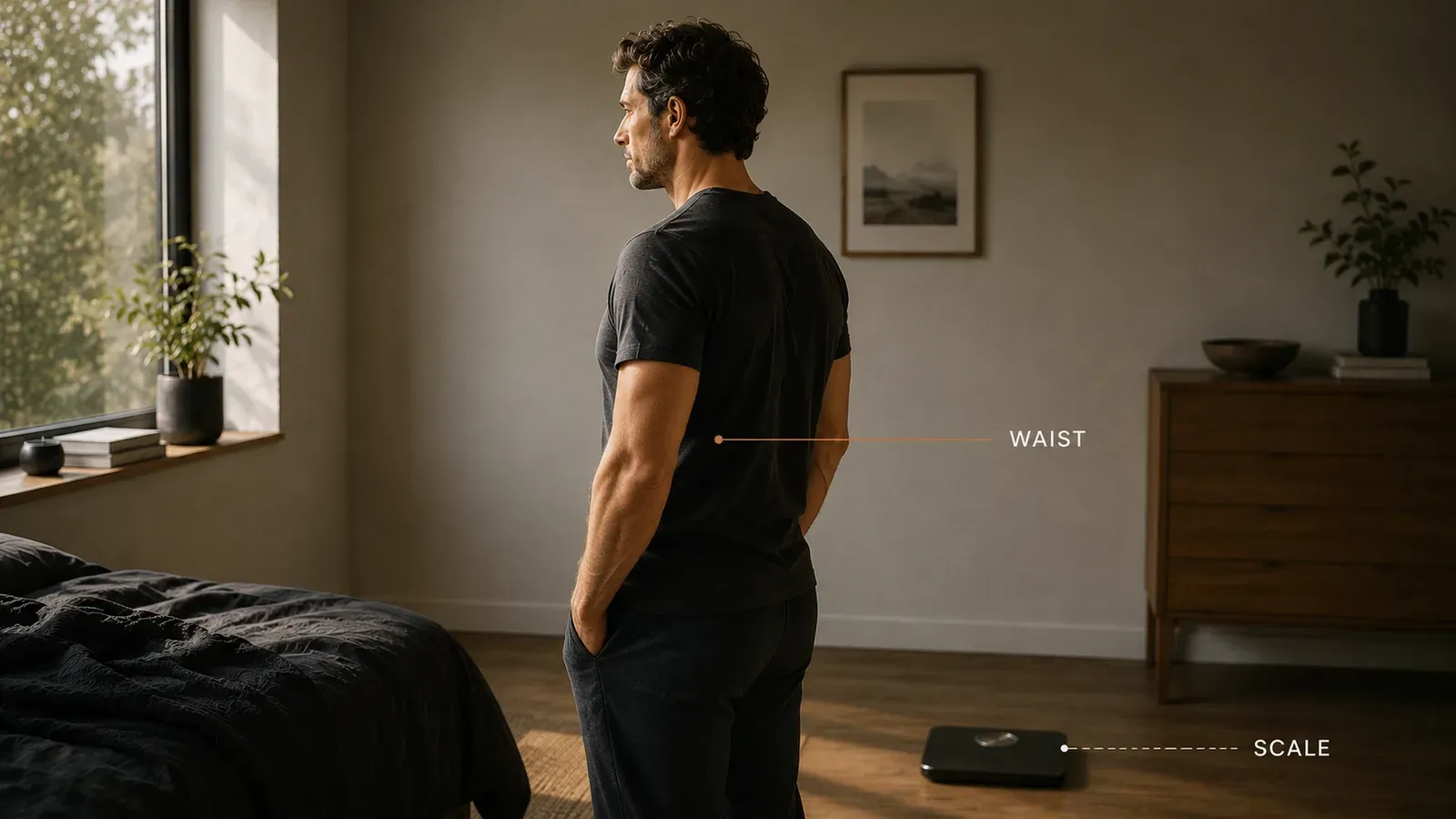 A man standing in a bedroom in morning light, a marked line at his waist and a faint dashed line pointing to a bathroom scale on the floor behind him.