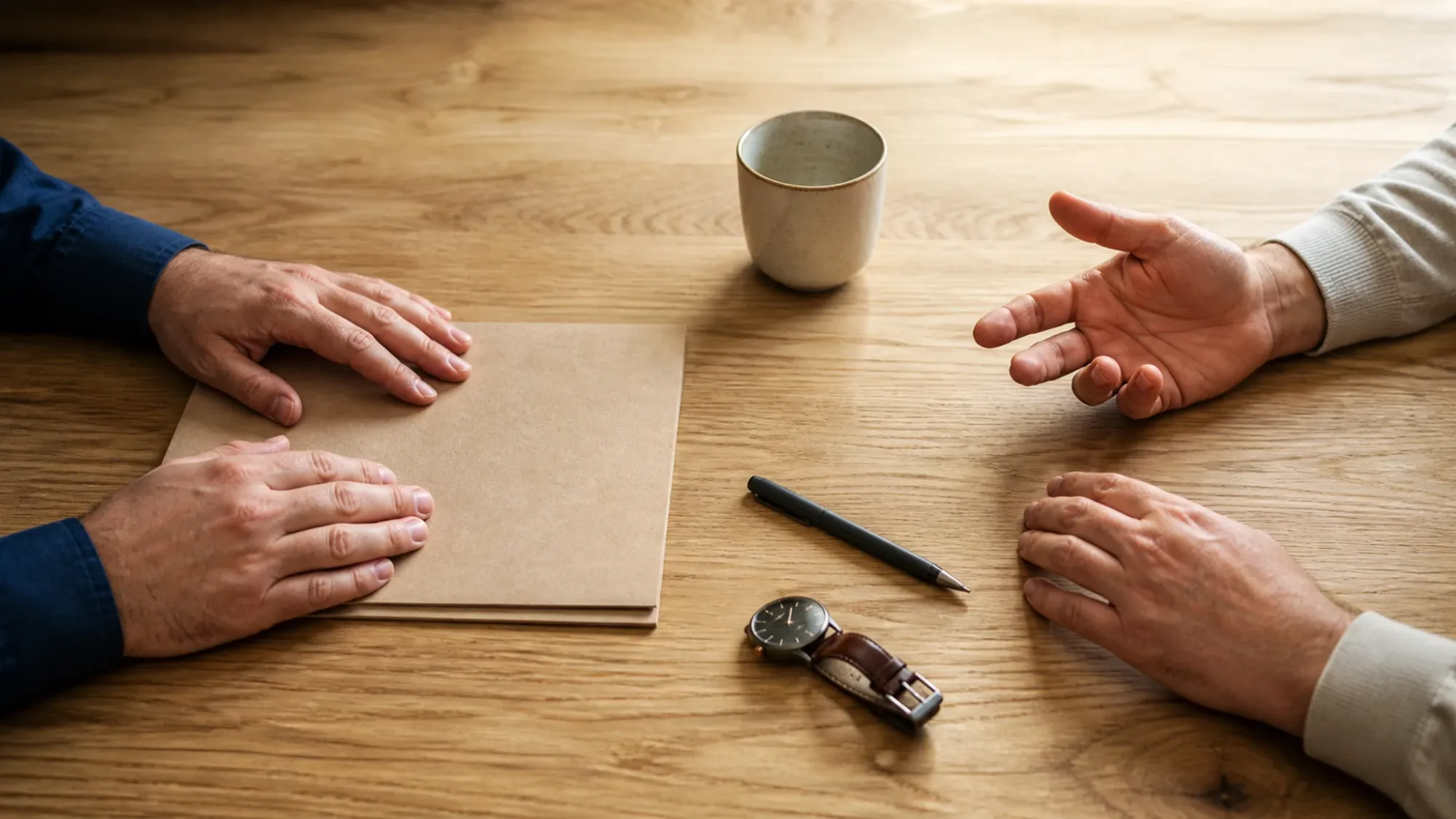 Two pairs of hands on a wooden table, one resting on a closed folder and the other mid-gesture in conversation.