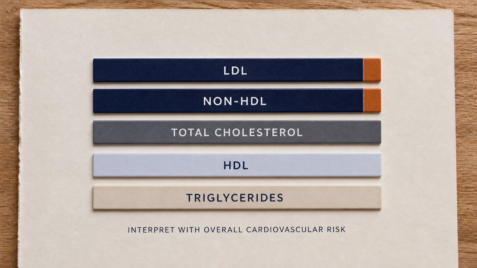 Five labelled bars in order of priority: LDL and non-HDL on top, then total cholesterol, then HDL and triglycerides, above the line interpret with overall cardiovascular risk.