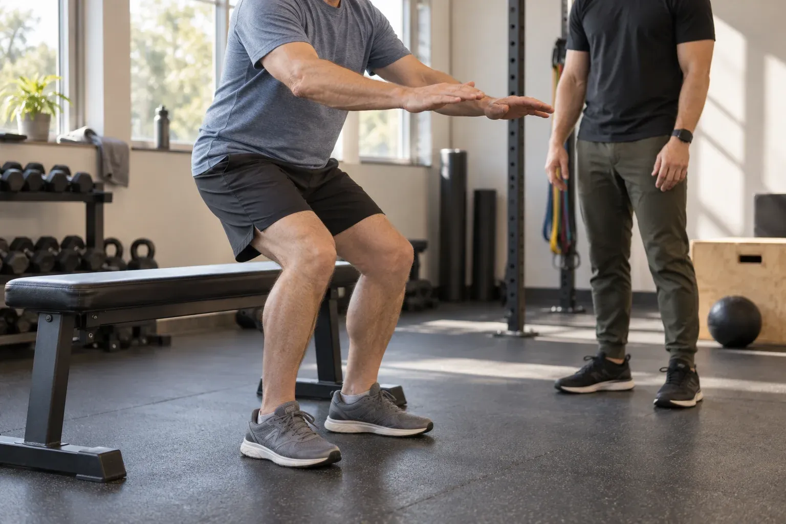 A man doing a controlled sit-to-stand from a gym bench with another adult nearby.