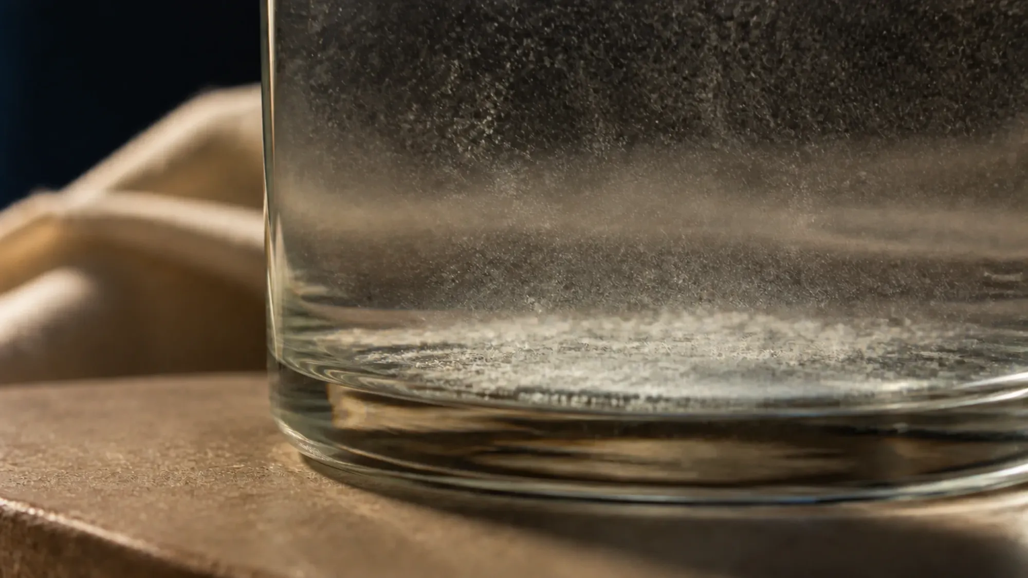 A close view of the base of a glass of water with undissolved white powder settling at the bottom.