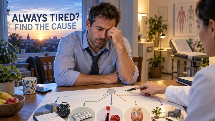 A tired man and clinician review a branching assessment that considers sleep, medicines, blood health, thyroid function and emotional wellbeing.