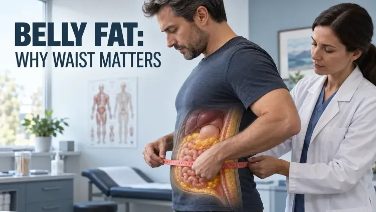 A clinician checks a man’s waist measurement while an abdominal cutaway distinguishes visceral fat around the organs from fat beneath the skin.