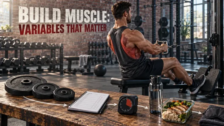 A man performs a controlled cable row while weights, a training log, rest timer, balanced meal and sleep mask map the main variables for muscle growth.