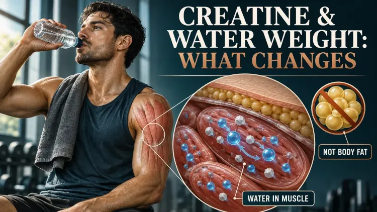 Muscle cutaway shows water moving into muscle cells during creatine use rather than representing body fat.