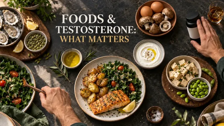 A balanced meal of salmon, vegetables and potatoes is surrounded by zinc, vitamin D and soy food sources while an unbranded supplement bottle and alcohol sit at the edge.
