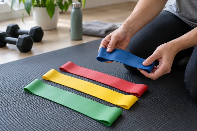 Hands inspecting a resistance band with several other bands laid flat on a workout mat.