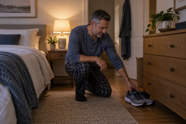 A man putting his gym shoes beside a dresser as he prepares for bed.