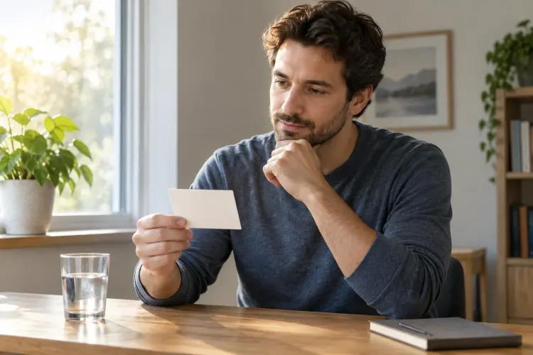 A man checking an appointment card beside a glass of water in morning light.