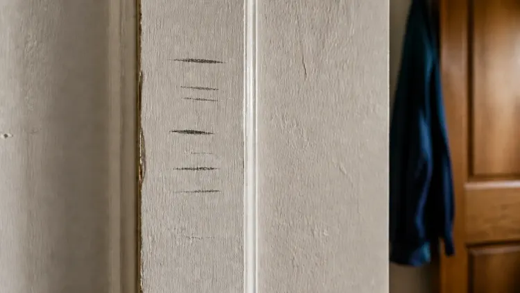 Pencil height marks scored into a painted door frame in a hallway, with a coat hanging out of focus behind.