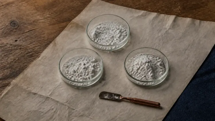 Three glass dishes of unlabeled white powder arranged on paper on a dark wooden table, a copper-handled spatula beside them.