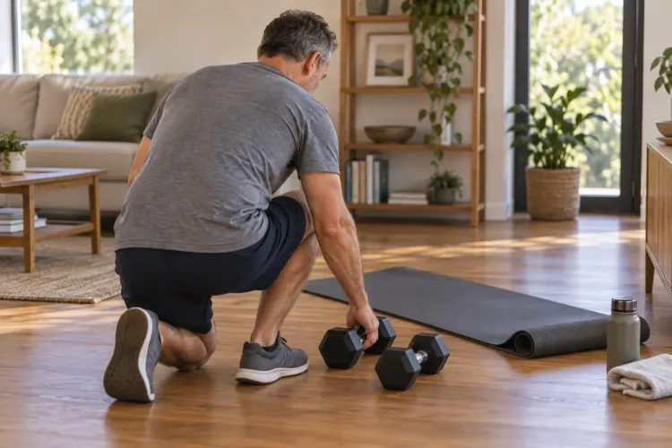 A middle-aged man setting two dumbbells beside a mat at home.