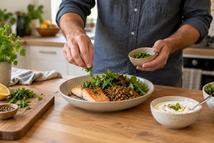 A man preparing a plate of salmon, lentils and greens at home, with a bowl of yogurt nearby.