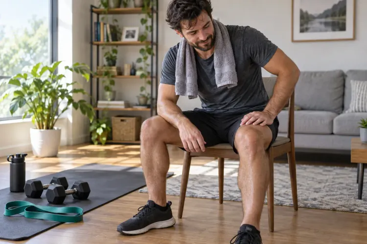 A man resting on a chair after a modest home workout, with dumbbells and a resistance band nearby.