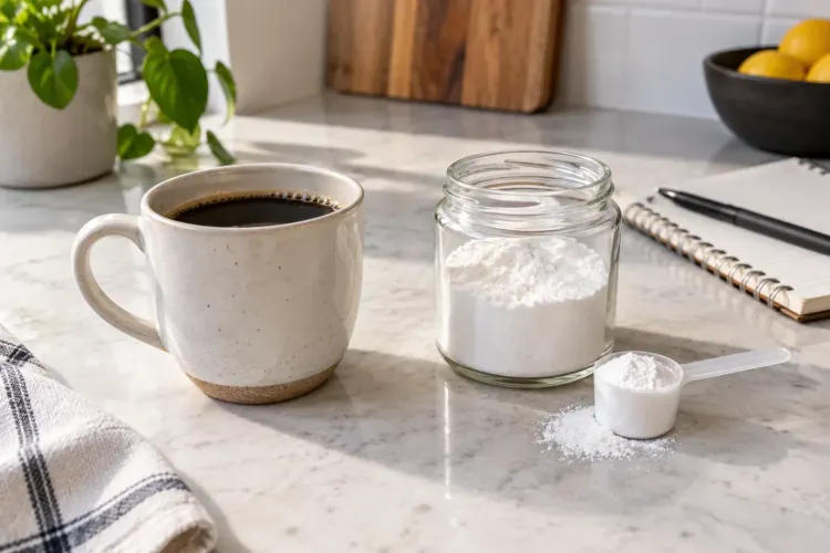 A cup of black coffee beside a plain jar of white powder and a scoop on a kitchen counter.