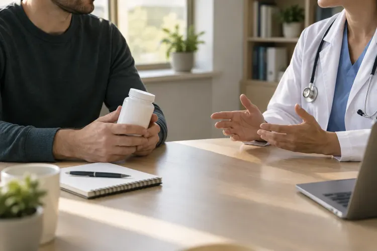 A man bringing a plain supplement container to a discussion with a clinician.