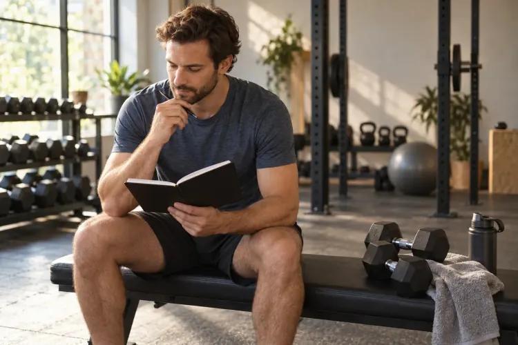 A man on a gym bench reviewing a training notebook beside dumbbells.