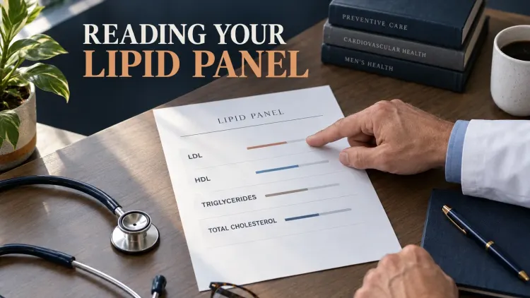 Doctor points to LDL, HDL, triglycerides and total cholesterol on a lipid panel report.