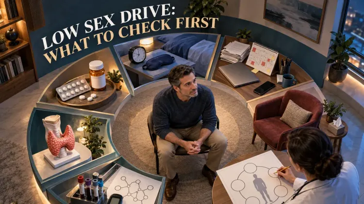 A man and clinician review medication, sleep, stress, relationship context, thyroid health and lab testing as possible contributors to low sex drive.